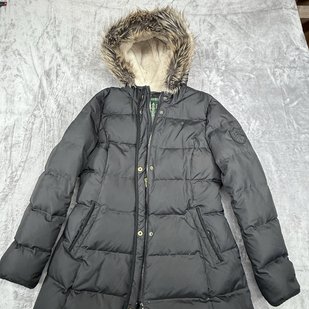 Lauren Ralph Lauren Down Puffer Jacket Womens M Coat Faux Fur Trimmed Hood Warm